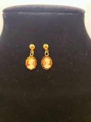 Vintage Gold Tone Cameo Dangle Post Earrings Victorian Lady Portrait Estate
