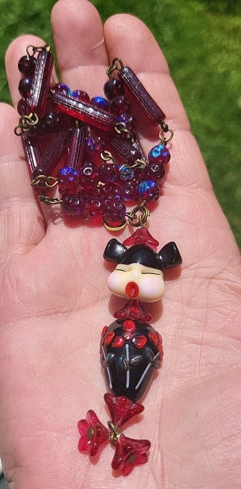 SALE! GEISHA LAMPWORK ART GLASS PENDANT VTG GLASS BEAD WIRE NECKLACE SET OOAK