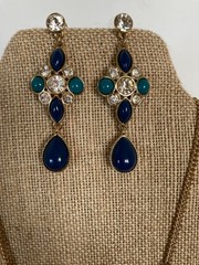 Vtg Avon JJH Blue Green Cabochon Clear Rhinestone Necklace Bracelet Earrings Set