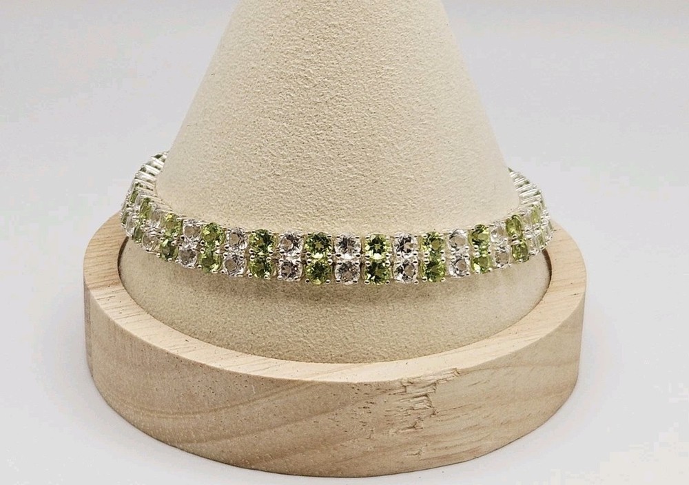 Sterling Silver Peridot & White Spinel Double Strand Tennis Bracelet 8.25″