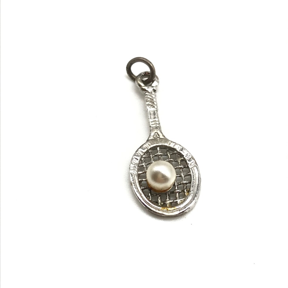 Vintage 925 Sterling Silver Pearl Tennis Racket Sports Themed Charm Pendant
