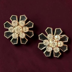Art Deco Rhinestone Earrings Black Enamel Screwback Cogwheel Vintage
