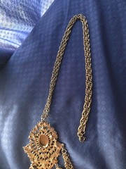 Vtg Mid Century Filigree Pendant Necklace Cabochon Glass 60s 70s Boho