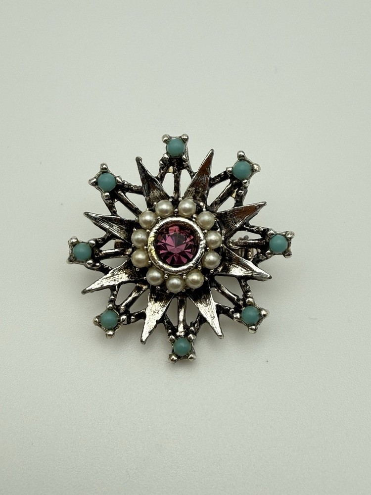 Vintage Starburst Pin Brooch w Faux Pearls & Turquoise & Purple Rhinestone