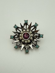Vintage Starburst Pin Brooch w Faux Pearls & Turquoise & Purple Rhinestone