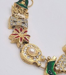 Vintage Christmas Slide Charm Bracelet Gold Tone Rhinestones Enamel Tree Gift 7″