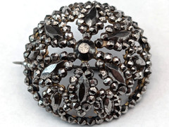 Antique Victorian Cut Steel Brooch 19th Century Pin Riveted Faceted Domed Round