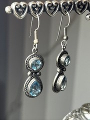 56. Vintage SJ Sterling 925 Double Blue Topaz Dangle Hook Earrings 8.6g, 45mm