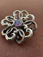 Vintage Victorian Sterling Silver Purple Amethyst Cabochon Gold Plate Brooch