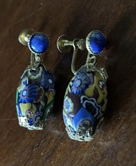 Vintage Murano Millefiori Glass Bead Drip Earrings Gold Tone Twist Back