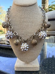 RJ Graziano Gold & White 70s Style Ball Chain Statement Necklace RJG Signed