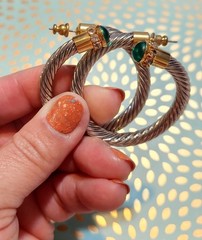 NOS! Cable Classic Style Twotone Earrings Rhinestones & Green cabochon Glass