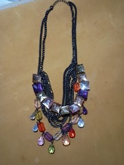 Necklace w/Plastic & Glass Beads Multi Color & Layered Gunmetal