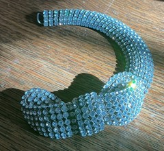 Set Of 2 Woman’s Vintage Wide 6 Row Silver Metal Rhinestone Bracelets With Bow