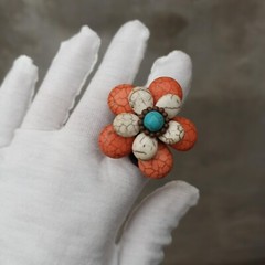Bohemian Chunky Ring 3d Flower White Turquoise & Orange Gemstone Natural New