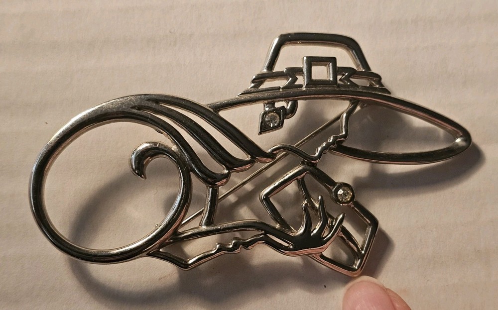 Vintage Lady Remington Modernist Rhinestone Lady With Hat Silver Tone Brooch Pin