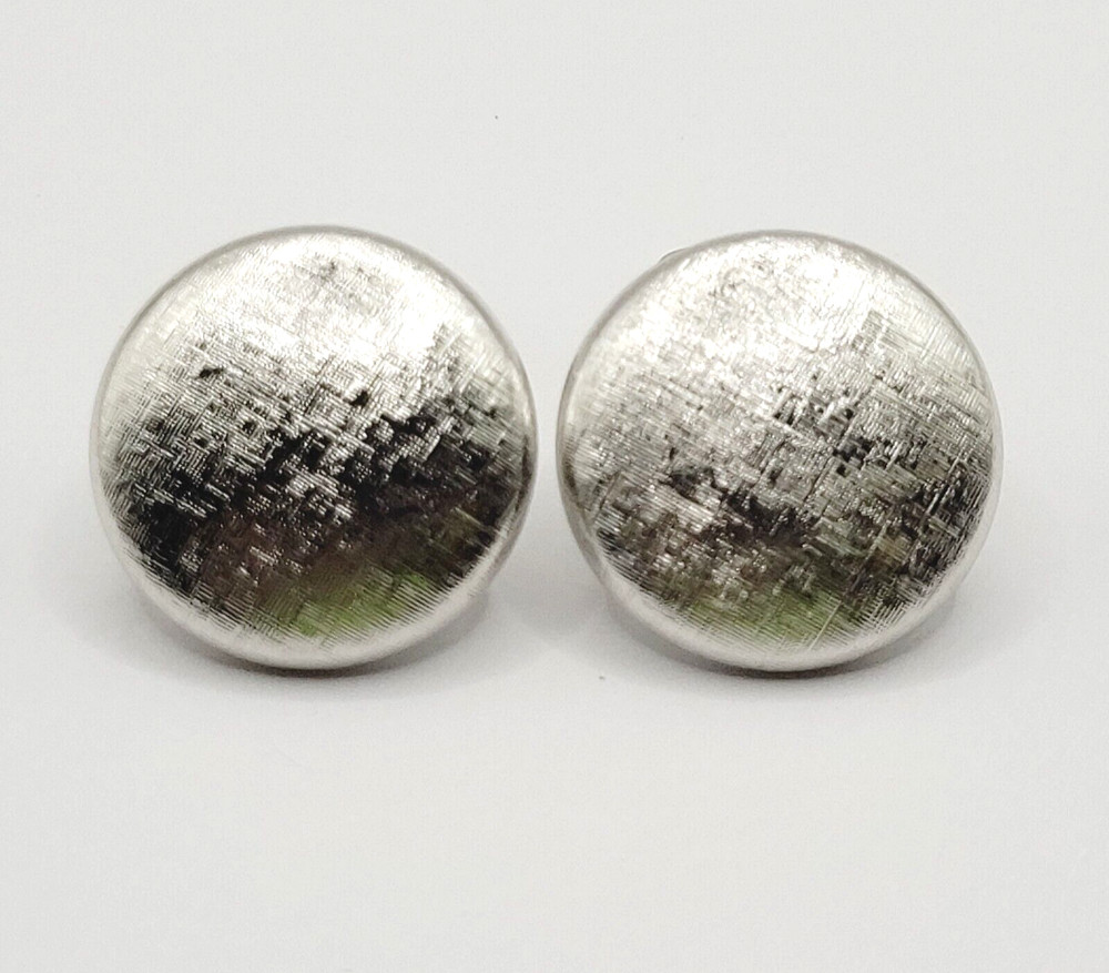 Elegant Large Button Brushed Textured Silver Tone Clip On Vtg Career Earrings