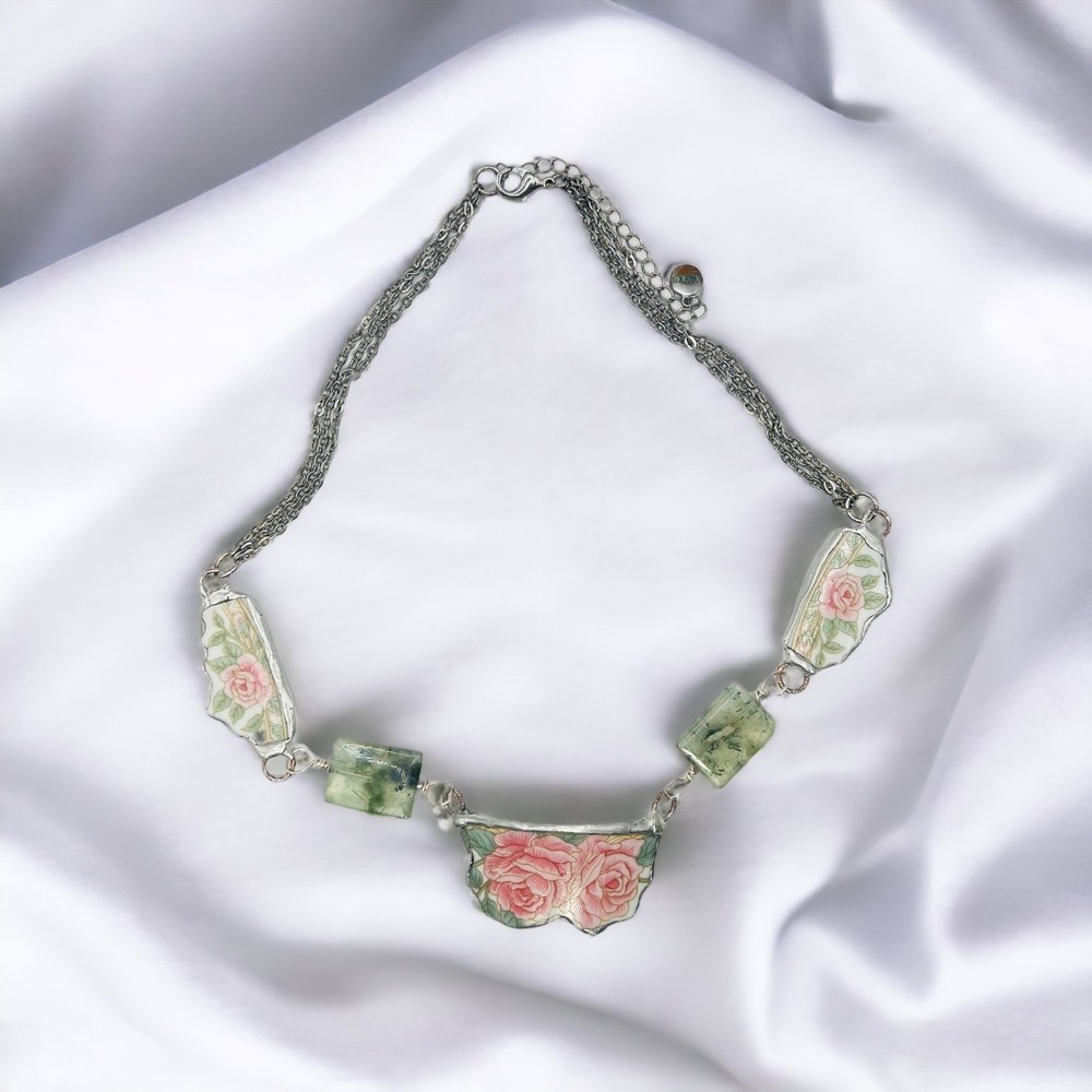 Hand Crafted Antique Roses Broken Lynns Bone China Necklace With Prehnite Stones
