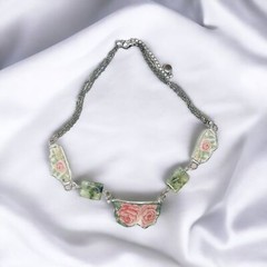 Hand Crafted Antique Roses Broken Lynns Bone China Necklace With Prehnite Stones