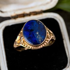 UNUSUAL ORNATE ANTIQUE ENGLISH 15K GOLD LAPIS LAZULI SIGNET RING PINKY RING 1880