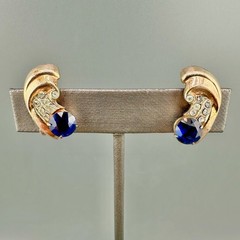 Vintage Sterling Rhinestone Earrings Blue Faux Sapphire Screw Back Mid Century