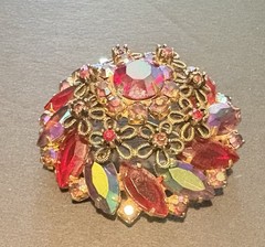 Juliana 1950s Red Rhinestone Marquise Cut Brooch with Faux Iridescent Stones
