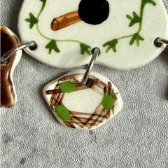 Vintage Costume Ceramic Bird House Dangling Pin Brooch Artsy Folk Whimsical Art