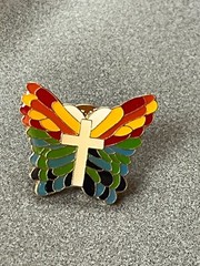 Vintage Red Yellow Blue Green Enamel Butterfly w White CROSS Goldtone Lapel Hat