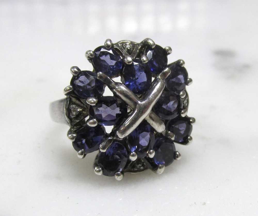 Sterling Silver Synthetic Tanzanite & Genuine Diamond Cocktail Ring 8g ~ 3-H196