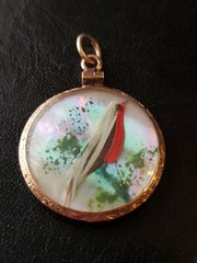 Victorian Era Double Sided Bird Feather on MOP Scene Pendant Gold Filled Frame