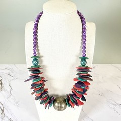Vtg Bohemian Bright Multicolor Wood Bronze Statement Necklace 21″ Tribal Ethnic