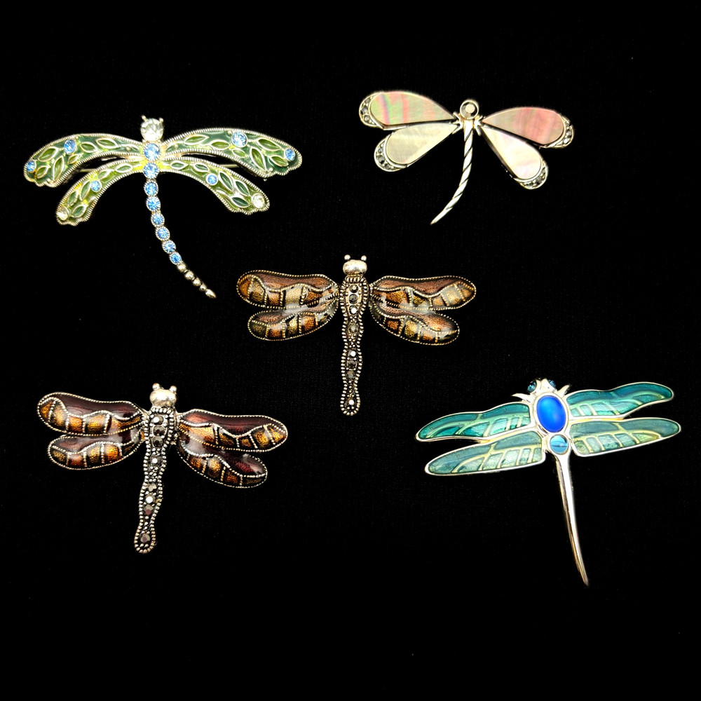 Dragonfly Brooch Lot Enamel Rhinestone Colorful Summer Jewelry 5pc Collectible