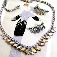 VTG EXQUISITE B DAVID AB RHINESTONE NECKLACE CLIP EARRINGS Prong Set 60s EXC