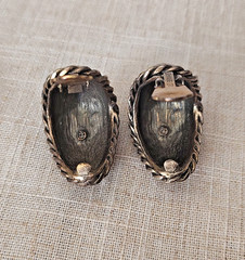 Vtg LES BERNARD Clip Earrings Antiqued Gold Tone Multicolor Rhinestone Cabochons