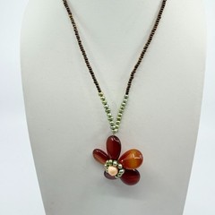 Vintage Brown Orange Flower Pendant Necklace Beaded Boho Statement Retro Y2K 90s