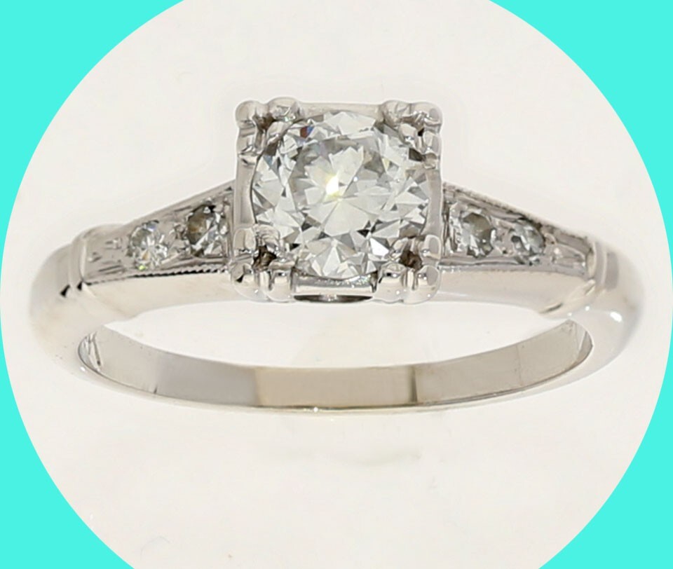 Vintage Diamond Engagement Ring .62CT Mine Cut 14K WG Size 4
