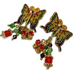 NOS Vintage Enamel Butterfly Dangle Earrings Colorful Crystal Gold Tone