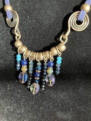 Bohemian Style Necklace Brass Toned Metal, Blue Leather, Drop Beads