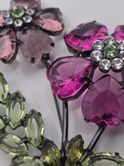 Double Flower Pink And Green Lucite Brooch, Black (Japaned) Colored Metal