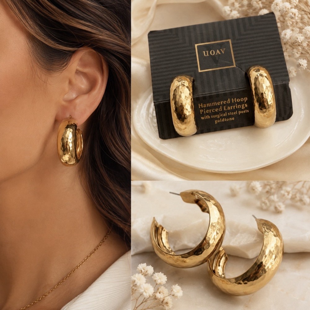 Vintage Avon Hammered Gold Tone Hoop Earrings | Bold Chunky Pierced |1980s 1990s