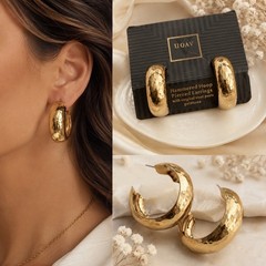 Vintage Avon Hammered Gold Tone Hoop Earrings | Bold Chunky Pierced |1980s 1990s