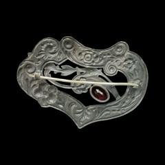 Antique Art Nouveau Floral Silver Tone Large Brooch Sash Pin w Glass Cab