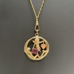 Vintage Coro February Pendant Necklace Gold Tone Cherub Glass Garnet Rhinestone
