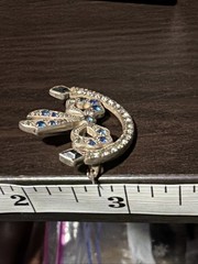 Antique R-F Silver Tone Blue Rhinestones Bow Ribbon Arch Brooch Locking Pin