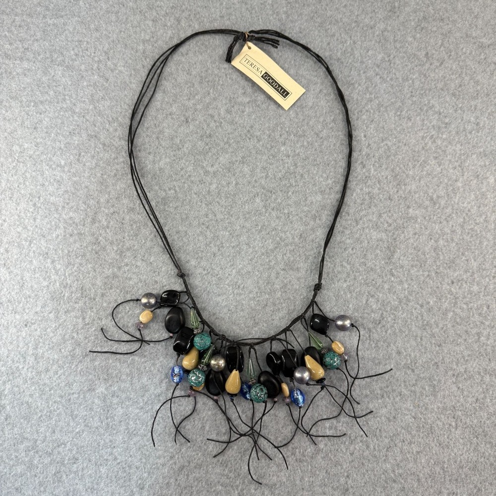 Teresa Goodall Vintage Resin Glass Bead Necklace Linen Cord Signed Boho Jewelry