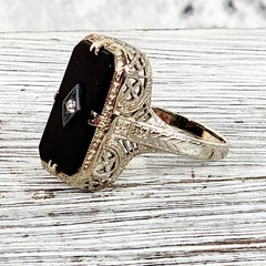 Antique Edwardian Belais 14K White Gold Onyx Diamond Ring 7 Filigree Luxury