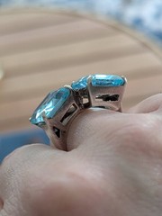 Vintage Retro 1940s Double Aqua Blue Glass Sterling Silver Ring
