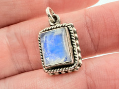 Vintage Sterling Silver Blue Moonstone Rectangular Cabochon Pendant Charm .75 In