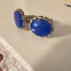 Vintage Bullet Back Blue Gold Glass Metal Oval Cufflinks Men’s Fashion Jewelry