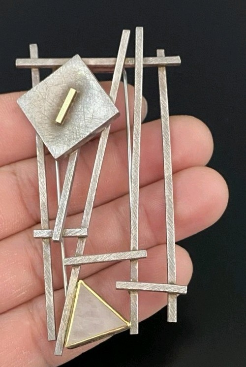 Mid Century MCM Sterling Silver .925 W/ 18K & 22K Gold 3 1/8″ Geometric Brooch